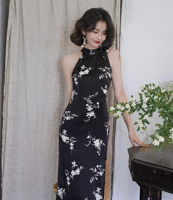 [savage] French retro printed Satin suspender neck dress e8611\wpl