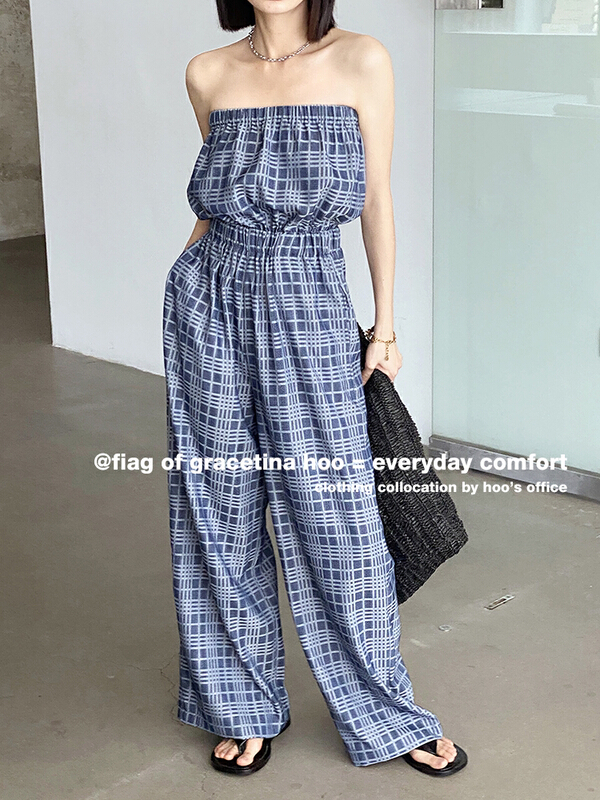 [gracetina Hoo] niche French Strapless lazy loose Jumpsuit (slim and versatile with wide legs) lt027\cqw