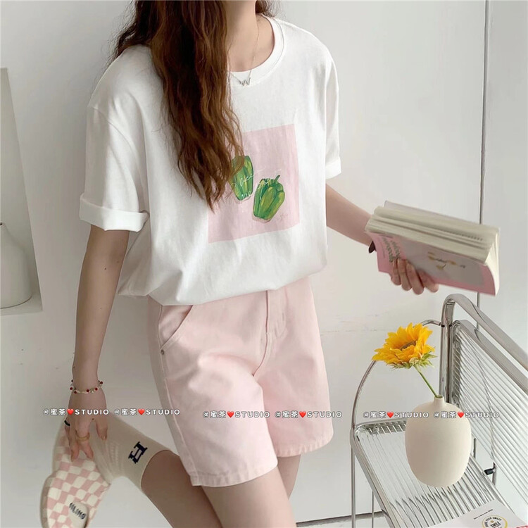 [rara] fresh and simple green pepper print Pullover short sleeve T-shirt 37026-7\lsl