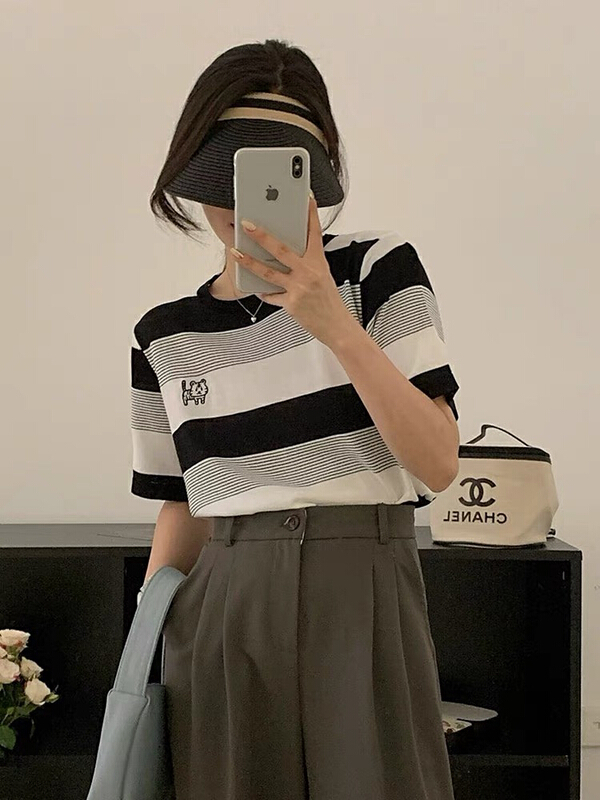 [f · P] fashion casual round neck tiger embroidery stripe T-shirt 80047-1\hbx