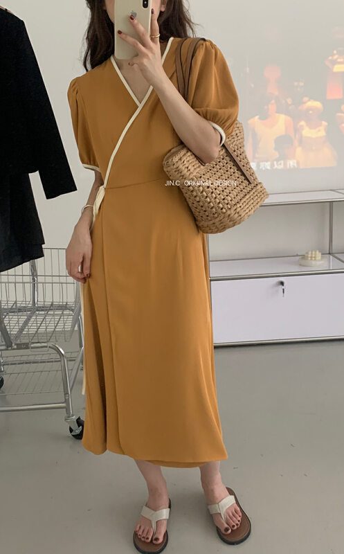 Original price 88.99! [jin.c] Korean one piece lace up dress with contrasting color edges h3095\xyy