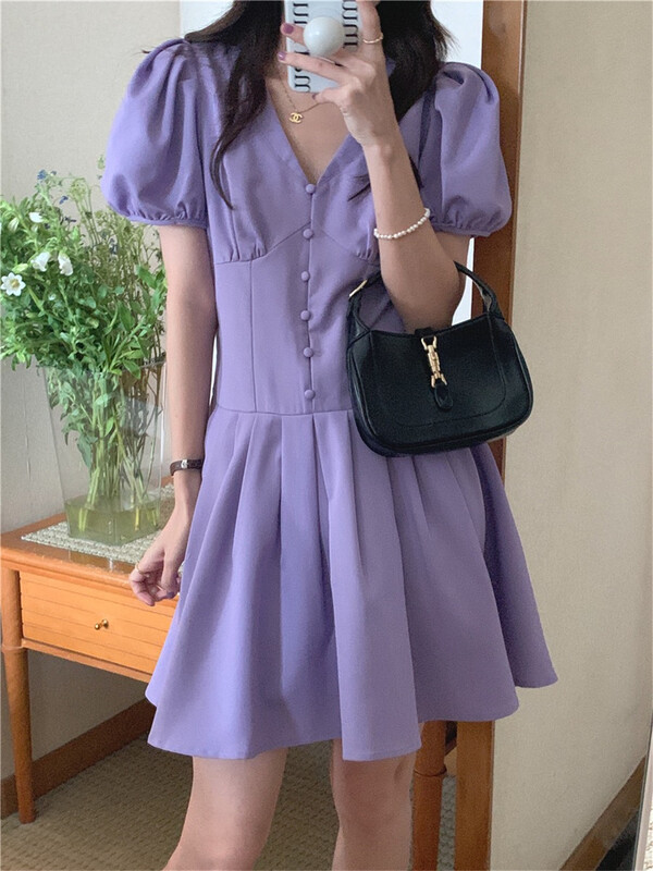 [sway] simple V-neck bubble sleeve suit dress a2071\xyy
