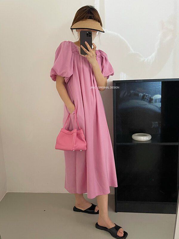 [jin.c] fresh and simple square neck Korean loose dress (with waist rope) h3101\xyy