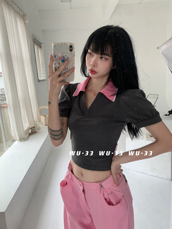 [wu.33] Pullover color block versatile short sleeve T-shirt 22350\wtt