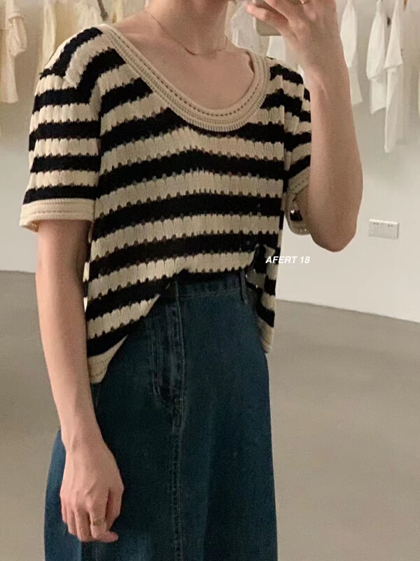 [after 18] Korean classic stripe short sweater 711\zjy