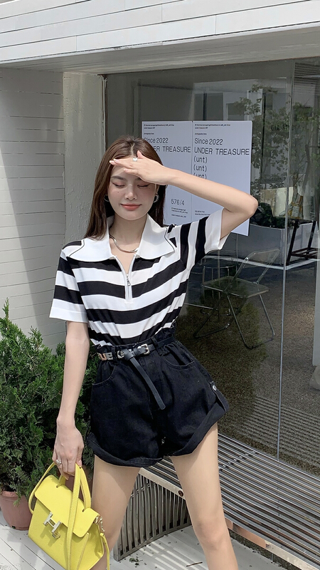 [qixuaner] striped Half Zip wave neck T-shirt 2702\lsw
