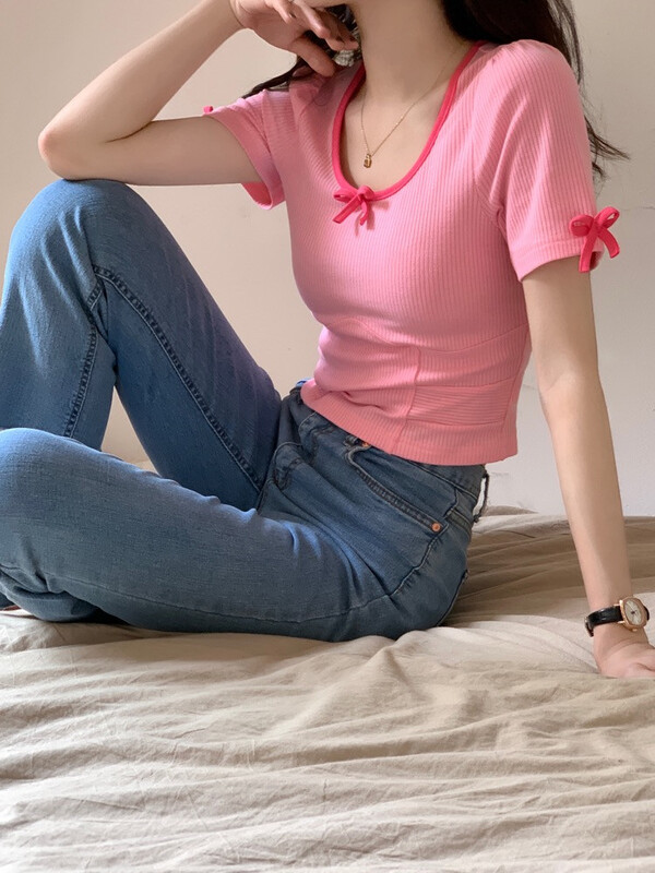 [miss sumey millet] contrast stitch bow cuffs short sleeve T-shirt 2440\hbx