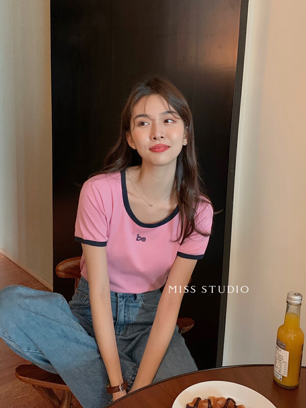 [miss miss home] embroidered small letter color blocking U-neck shirt y8838\zsy