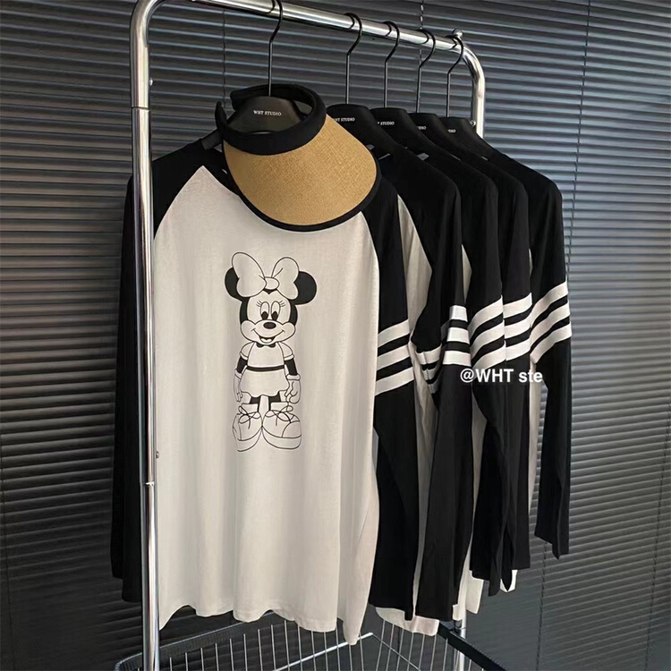 [wht] color blocked Mickey print round neck long sleeve T-shirt 5080\wtt