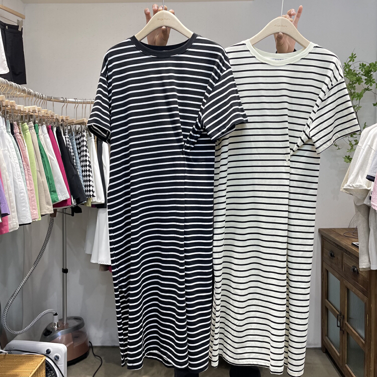 [ange run] Korean striped knitted shirt round neck medium length loose slim dress 8091\zjy