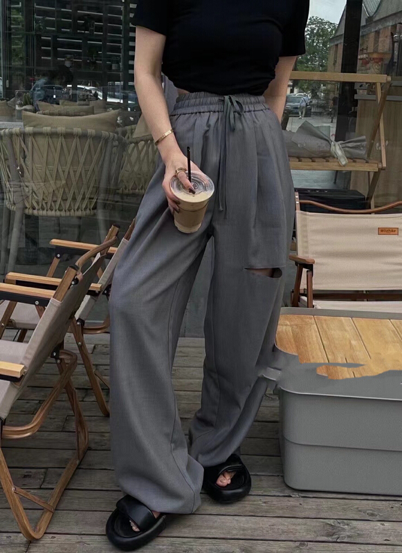 [Lala] elastic waist wide leg holes casual pants 3117\wtt