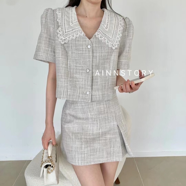 In early summer! [ainnstory] temperament bubble short sleeve single breasted short coat + simple slit skirt set a728\hbx