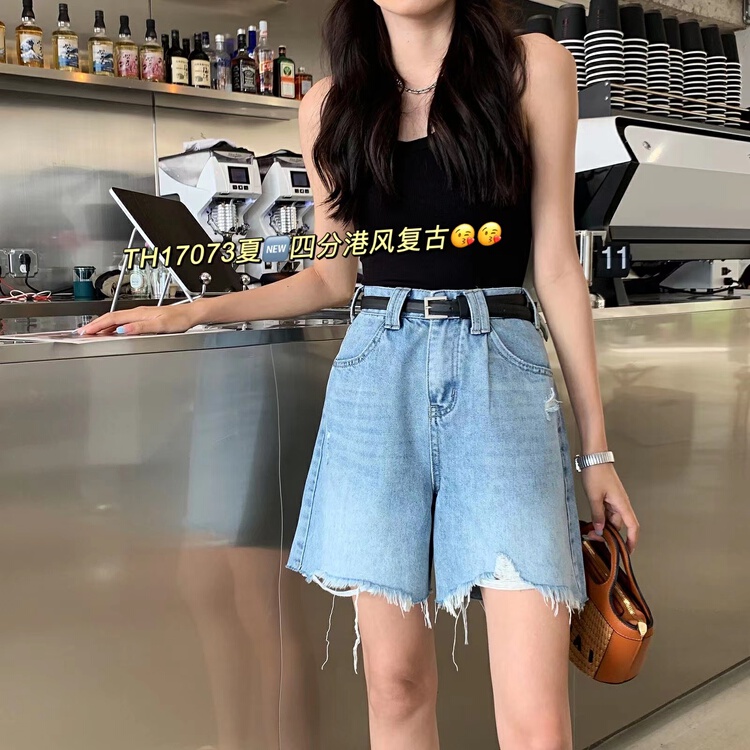 [T.H] thin casual hole 5-point denim shorts (with belt) 17073\lsw