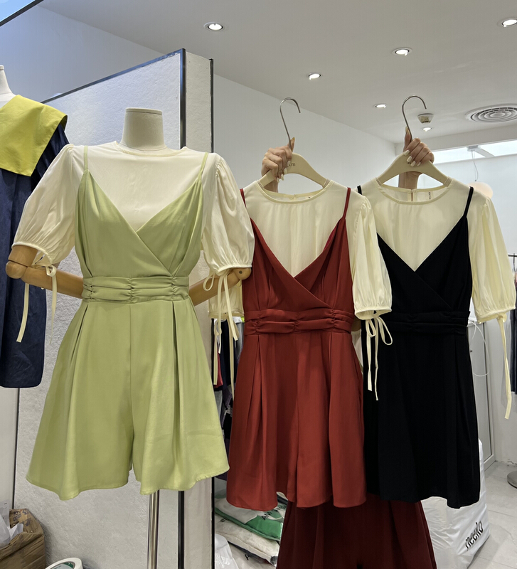 [am Gardenia] bubble sleeve simple blouse + Korean waist closing Jumpsuit 3653\pcz