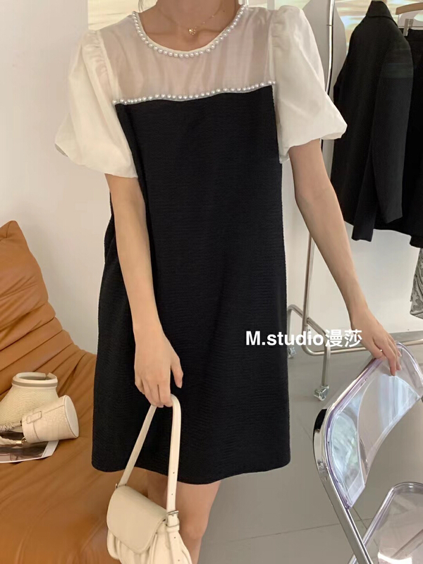 [MSTUDIO MANSA] fake two piece stitched neckline beaded dress 130\ll
