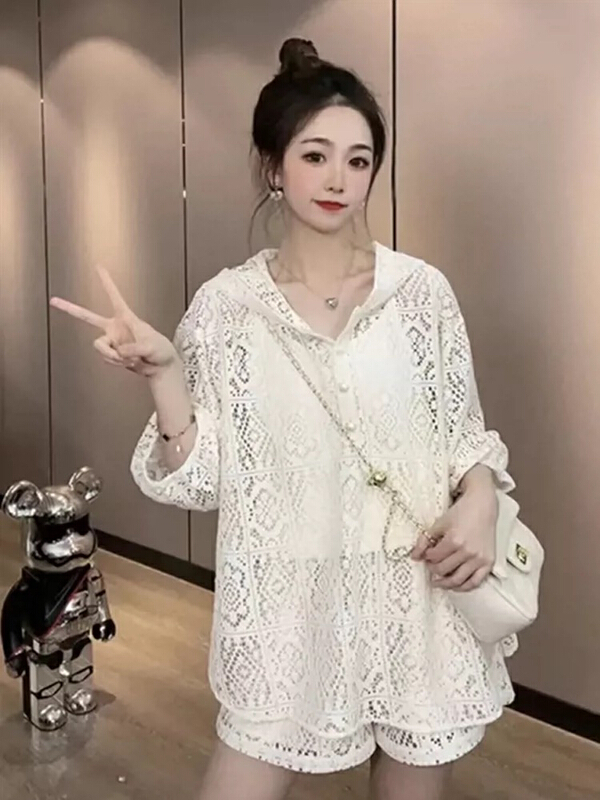 [jun.t] Korean lace hooded top + casual shorts two piece suit (with vest) 6177\pcz
