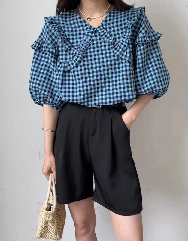 [I-D] Korean lace plaid shirt ys8218\ll