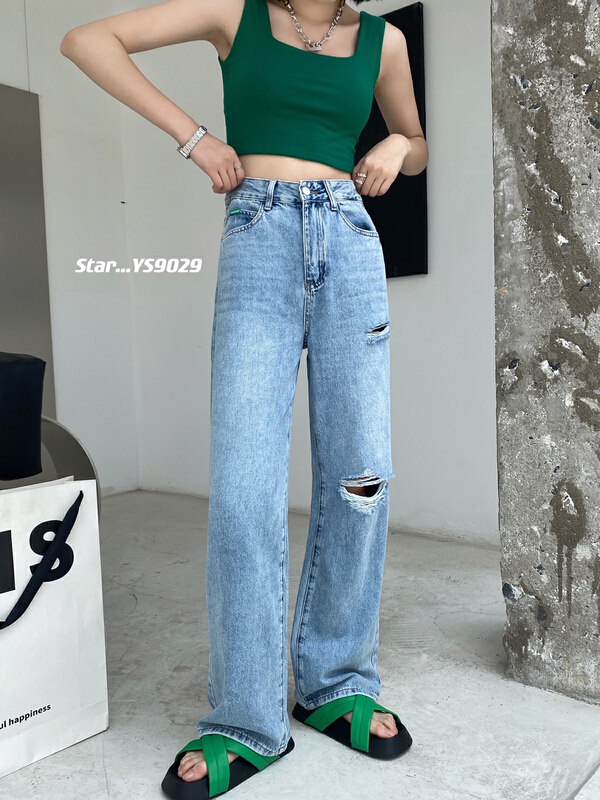 Original price 104.99! [star] high street characteristic hole loose wide leg jeans ys9029