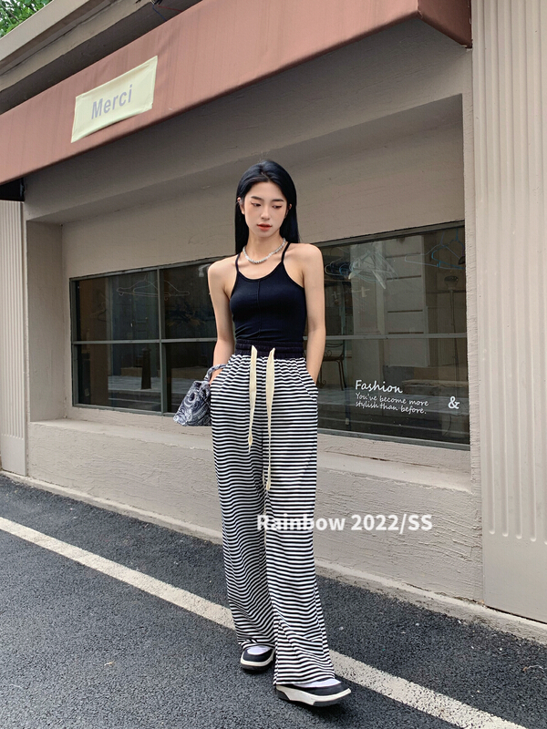 [rainbow] popular striped drawstring letter wide leg casual pants 08209