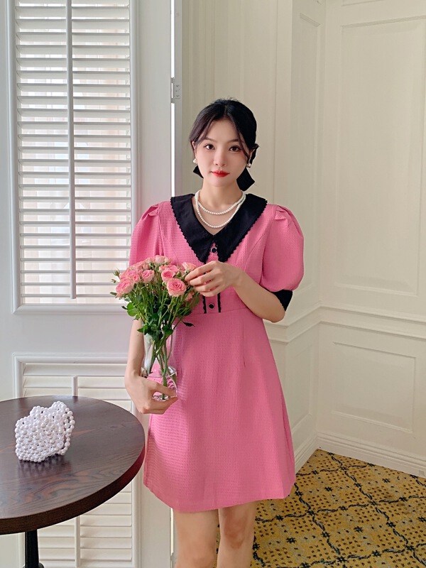 [Sumi] lady color blocked bubble sleeve dress 22621\zjy