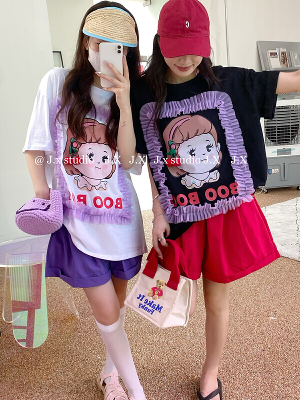[JX] Korean lace cherry girl short sleeve T-shirt 1097\wtt
