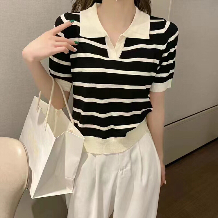 [Qiqi clothing house] Avocado Green Stripe loose and ultra-thin polo shirt y2247\xyy