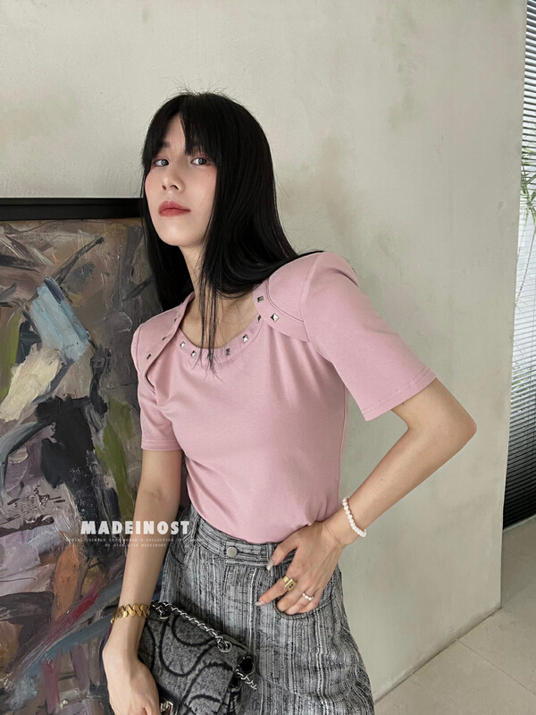 [OSHA madeinost] design sense high elastic rivet short sleeve T-shirt 86392