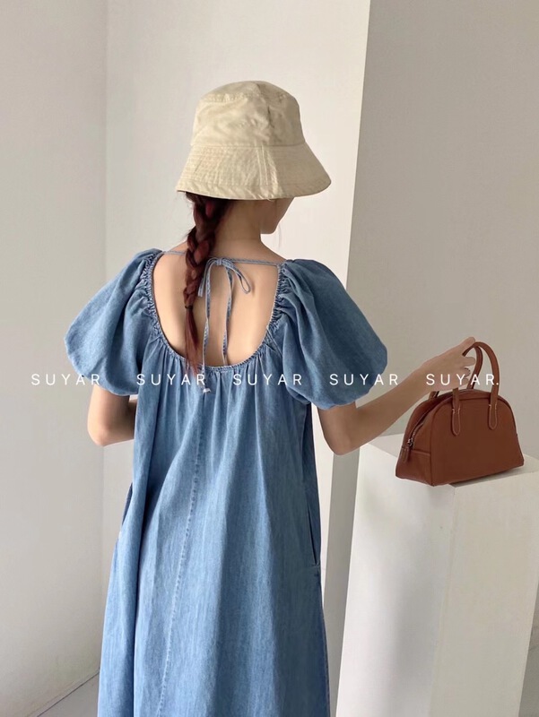 [suyar] fashion temperament Lantern Sleeve denim dress (with belt) 2292\hbx