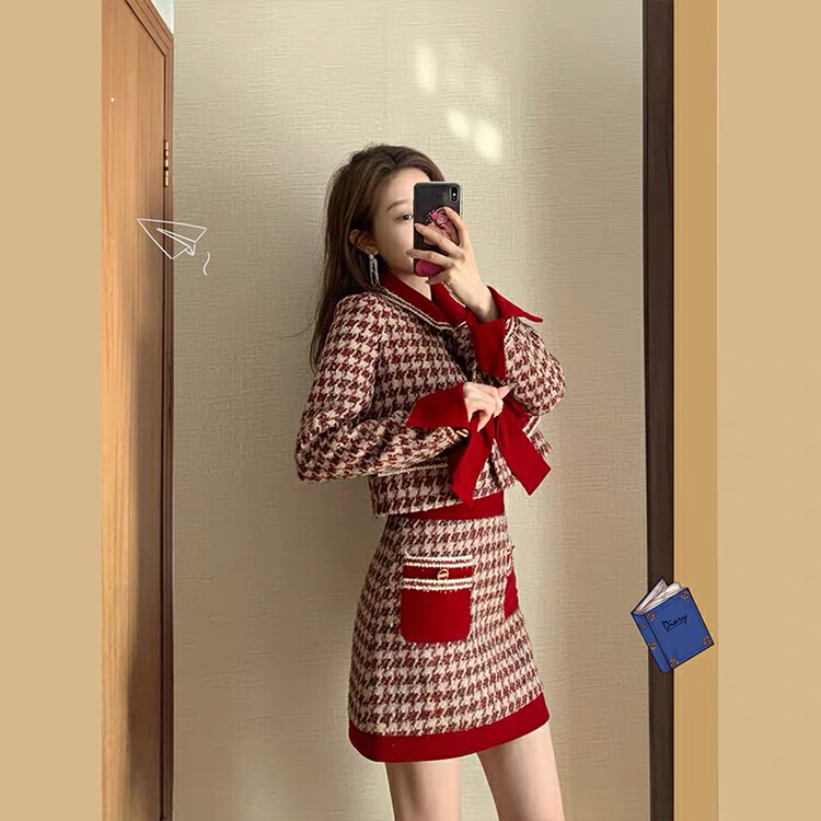 New year in early spring! [Yingying new clothes] Korean version of small fragrance celebrity high-end temperament thousand bird lattice short coat + slim suit (without Brooch) ys1-9918\hjy
