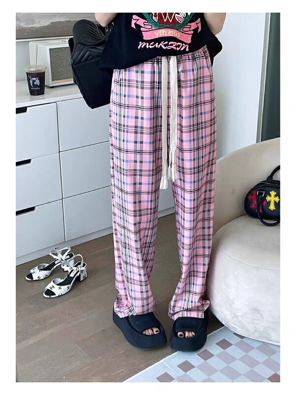 [jun.t] loose drawstring Plaid straight casual pants 6150\pcz