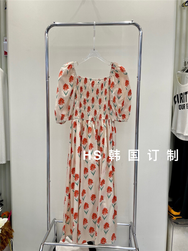 [HS customized in Korea] Korean version square neck printed elastic dress ys1-9908\hjy