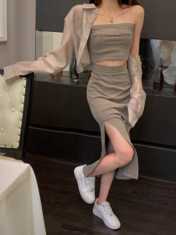 [JH] summer new net red solid color sunscreen shirt + letter breast wrap Vest + Hip Wrap split skirt (suit (only suit) 41932\pcz