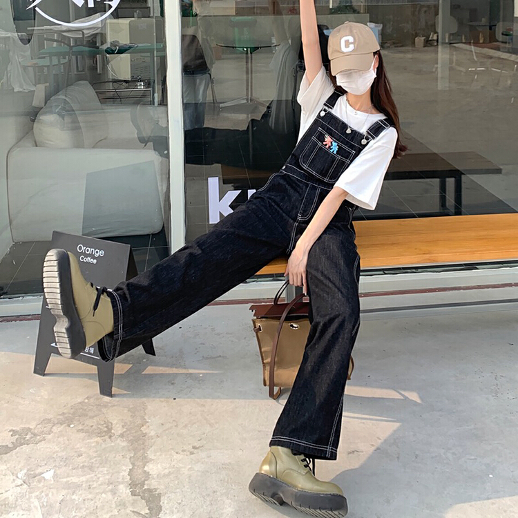 [ten] Korean version ins age reducing bear loose wide leg straight tube thin suspender pants (with Brooch) w012\wpl