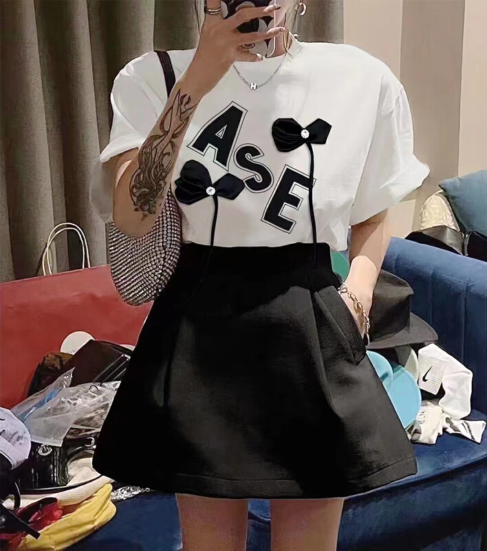 [wlady/npj supporting actress] fashion letter printing heavy industry short sleeve T-shirt (with Brooch) w306\wtt