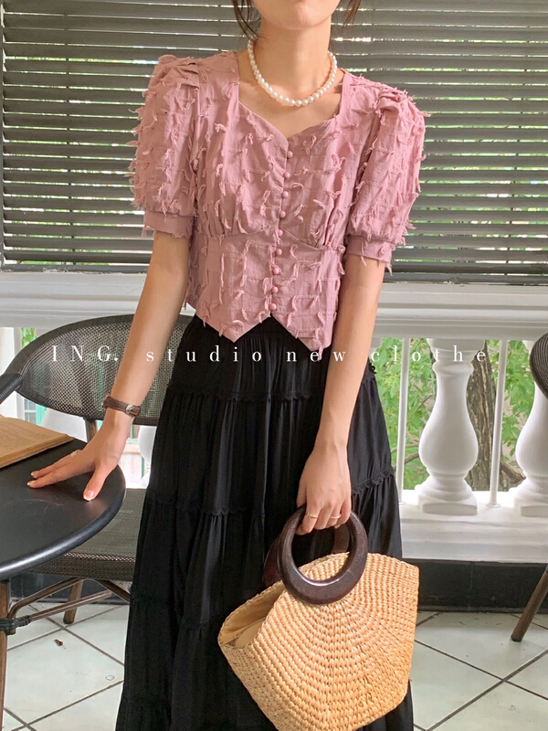 Original price 48.50! [ing] French retro peach collar tassel design, thin and small shirt ing-9033