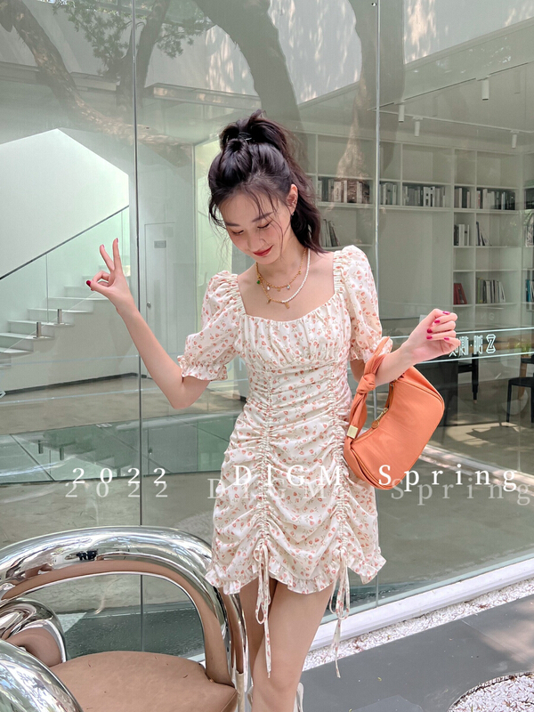 [digm] French retro bubble sleeve pleated floral dress 2721-1\zxx