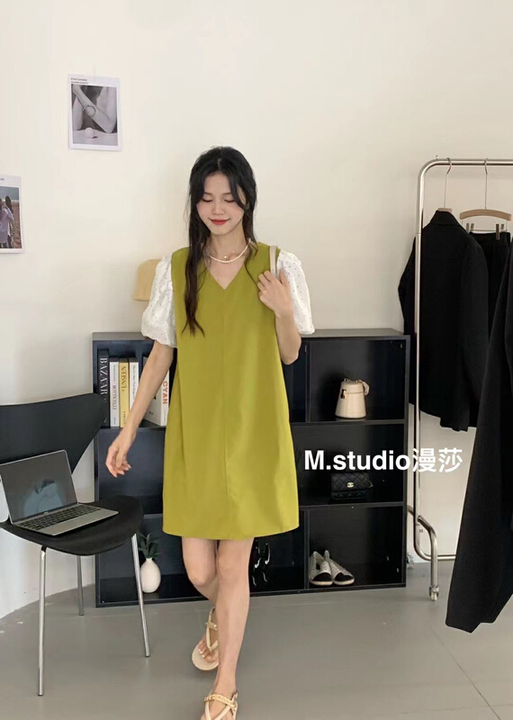 [MSTUDIO MANSA] fashion patchwork dot sleeve dress 6757\ll