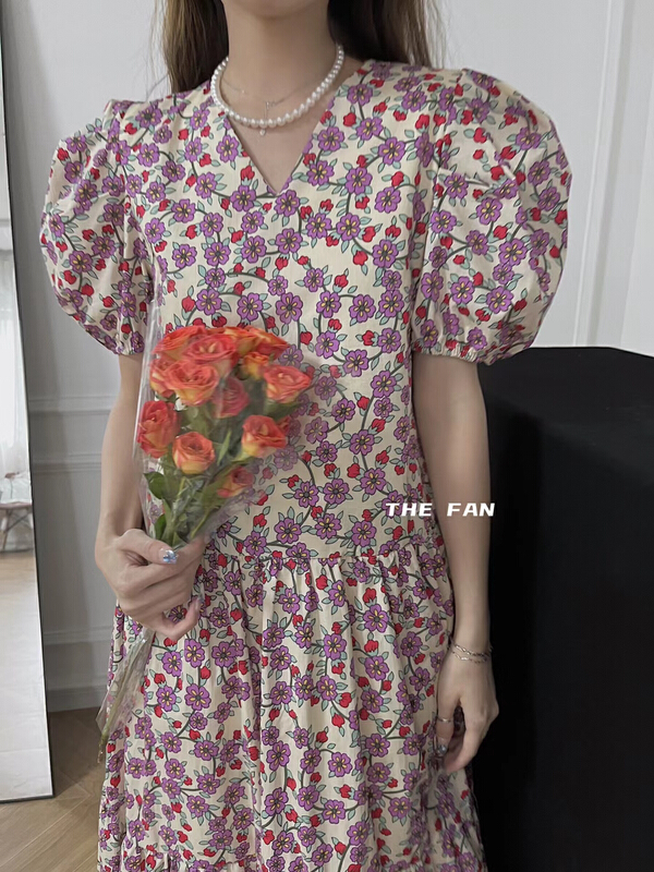 [the fan] French retro V-neck floral dress (with belt) (dress only) 96712\pcz
