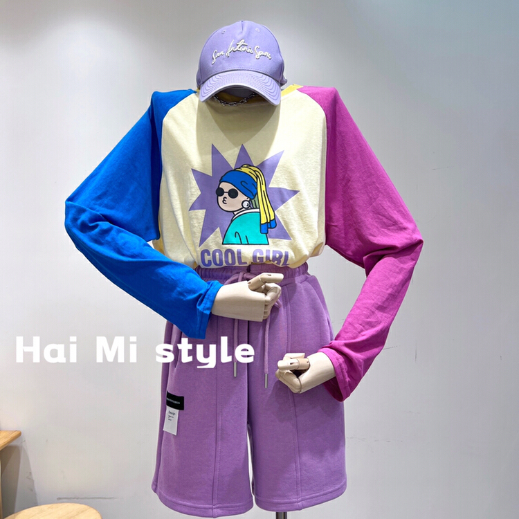 [Haimi] Korean mosaic color contrast hand printed sunscreen shirt 1922\wtt