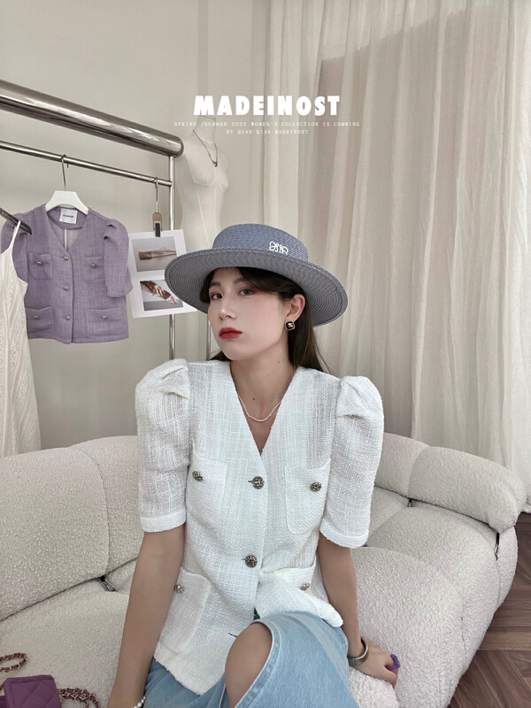 New year in early spring! [OSHA madeinost] small fragrance bubble sleeve advanced metal button short coat 86185\ll