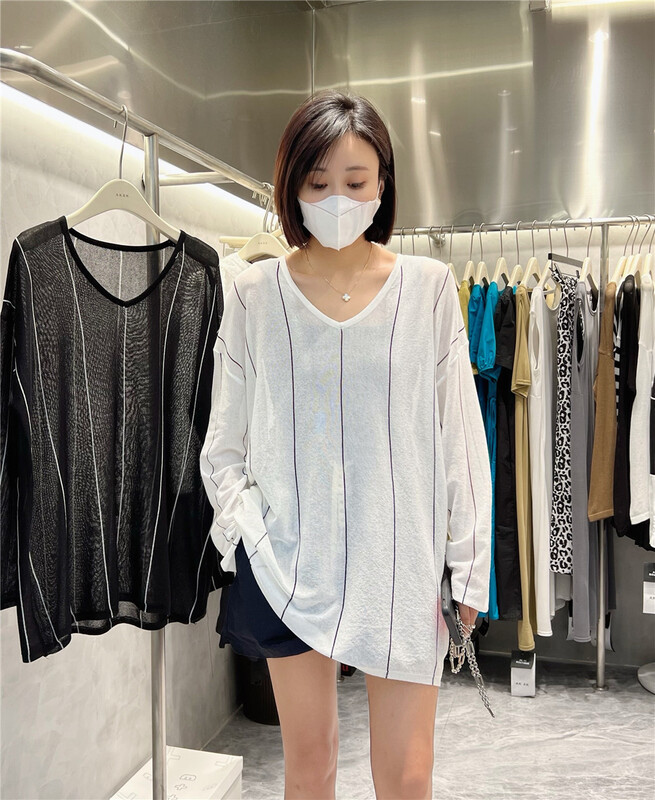 [akxk] V-neck Pullover stripe comfortable sunscreen shirt 22175\l