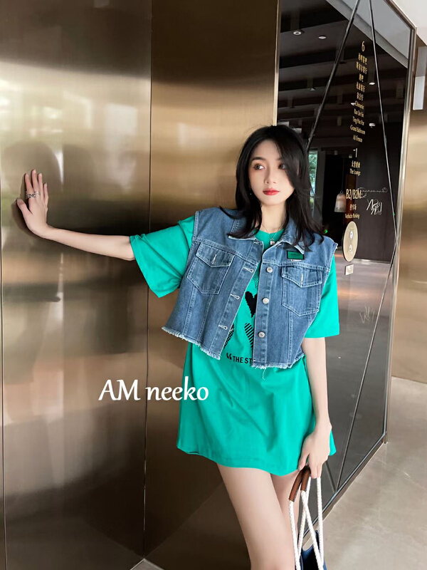 New year in early spring! [neeko] versatile love printed LARGE T-SHIRT + fashion denim vest suit (only suit) 3319\xyy