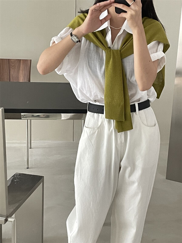 12 colors available, cotton and hemp texture [clean space] simple solid color versatile shirt 32133\cqw