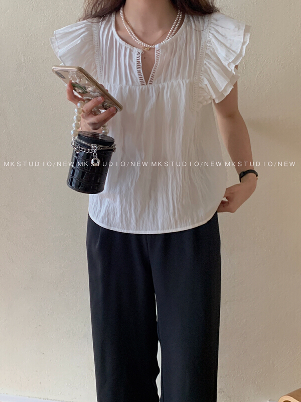 [chen/mk] French flying sleeve Round Neck Shirt 3291\hjy