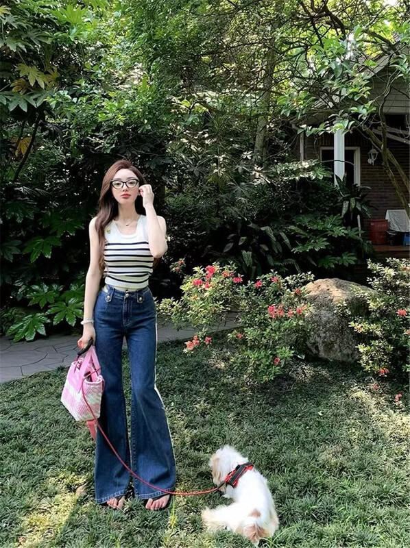 [MS studio] wide leg casual open waist design jeans 5390\pcz