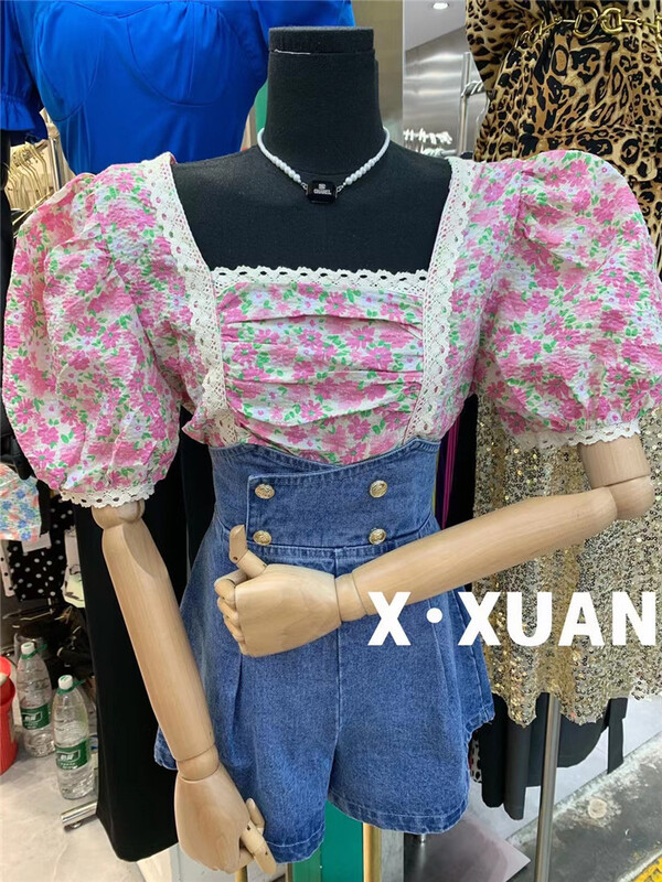 [x.xan] square neck bubble sleeve floral shirt 7321\pcz