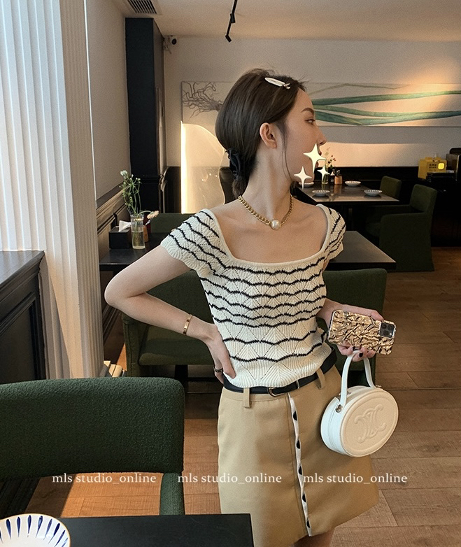 [y.jia EJA] square neck stripe knitted button skirt suit (with belt) 6123