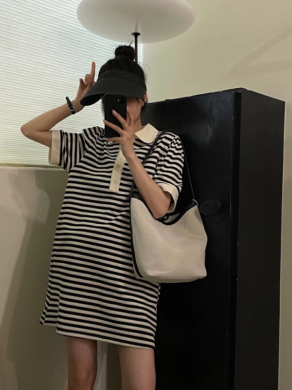 [tototellme] Korean Polo stripe loose dress 20532\hbx