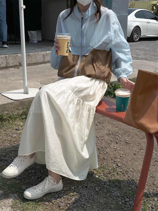 [next station] stand collar contrast color loose sunscreen shirt 22255\zjy