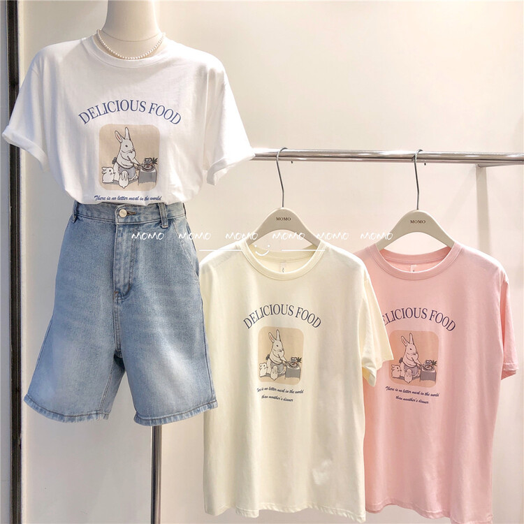 [Momo] Korean letter cartoon Cherry Blossom short sleeve T-shirt 3906\hbx